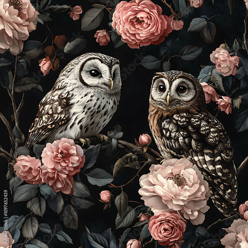 Elegant owls perched among pink roses on dark background create captivating and serene atmosphere. This beautiful design showcases nature charm and intricate details photo