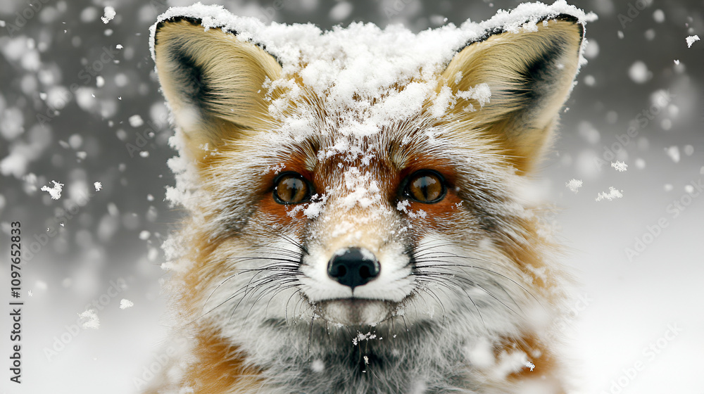 Obraz premium Red Fox in White Snow during Cold Winter, Red fox in winter forest, Close up portrait of a wild animal, Close up of a red fox in the winter forest with snow
