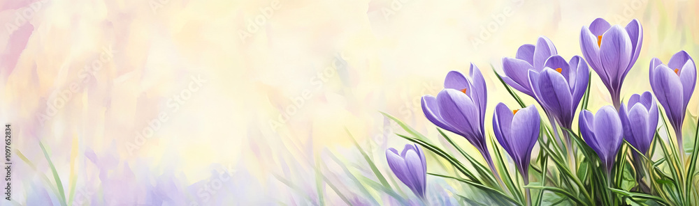 A cluster of purple crocuses in full bloom, standing gracefully on green leaves against a pastel background. A beautiful symbol of springtime renewal and hope. A cluster of purple crocuses in full bloom, standing gracefully on green leaves against a pastel background. A beautiful symbol of springtime renewal and hope.