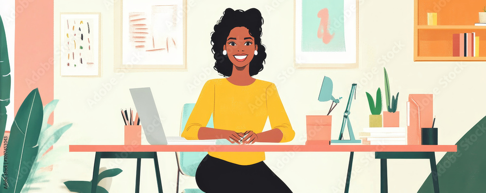 Empowered businesswoman working at her desk in a bright office professional setting modern workspace optimistic environment Empowered businesswoman working at her desk in a bright office professional setting modern workspace optimistic environment