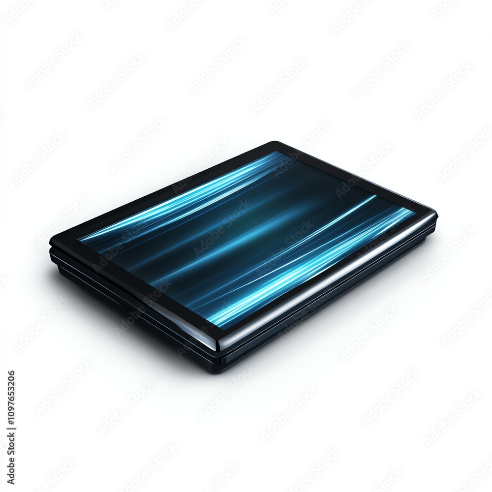 Sleek laptop with abstract blue design on a white isolated background. Sleek laptop with abstract blue design on a white isolated background.
