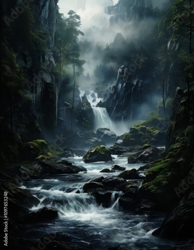 A powerful waterfall flows down jagged rocks in a misty, forested mountain setting. The dramatic, moody atmosphere captures the beauty of untouched wilderness, with lush greenery framing the scene