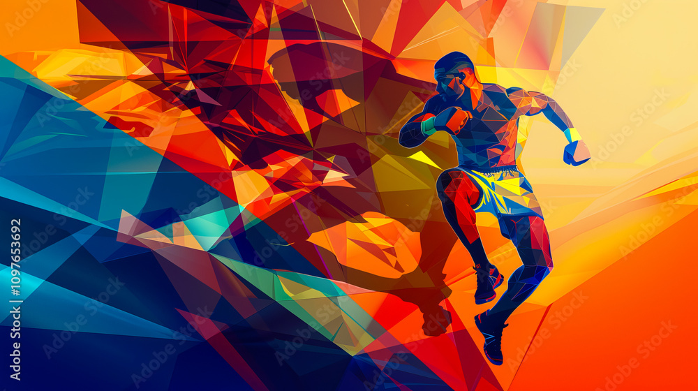 A sports poster banner featuring a box. The abstract background with colorful patterns enhances the dynamic design. A sports poster banner featuring a box. The abstract background with colorful patterns enhances the dynamic design.