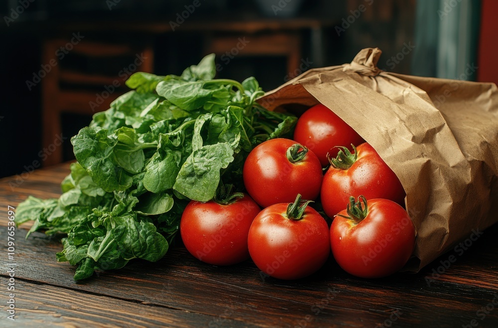 Freshly Harvested Red Tomatoes and Vibrant Spinach Bundled Together in a Brown Paper Bag Against a Rustic Wooden Table Background Freshly Harvested Red Tomatoes and Vibrant Spinach Bundled Together in a Brown Paper Bag Against a Rustic Wooden Table Background