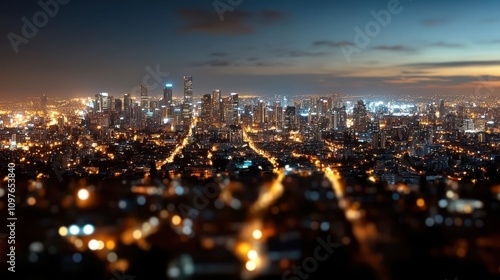 Fototapeta Naklejka Na Ścianę i Meble -  An expansive cityscape at dusk, illuminated by blurred lights creating a dreamy ambiance, mirroring the vibrancy and pulse of urban life.