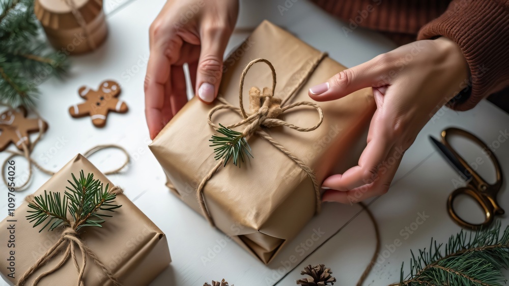 Hands Wrapping Christmas Gifts, Kraft Paper, Twine, Gingerbread Hands Wrapping Christmas Gifts, Kraft Paper, Twine, Gingerbread