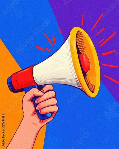 A colorful illustration of a hand holding a megaphone, symbolizing communication, alertness, and the amplification of messages.