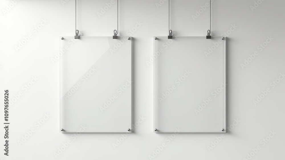 Nails for picture hanging. Two empty frames with metal hooks hang on a white wall. Each frame features four black corner pins securing the transparent cover. Nails for picture hanging. Two empty frames with metal hooks hang on a white wall. Each frame features four black corner pins securing the transparent cover.