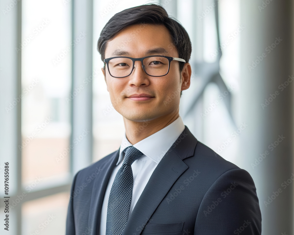 Renewable Energy Market Trends. Professional man in suit with glasses, standing confidently in office environment, showcasing modern and sophisticated atmosphere Renewable Energy Market Trends. Professional man in suit with glasses, standing confidently in office environment, showcasing modern and sophisticated atmosphere
