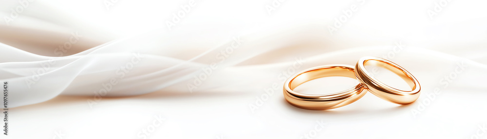 Two elegant wedding rings on soft fabric background, symbolizing love and commitment in wedding ceremony.