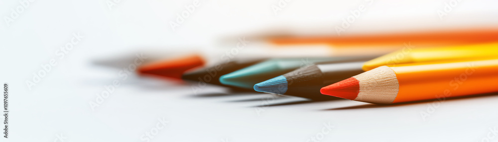 Obraz premium Vibrant colored pencils organized in row, perfect for creative projects and artistic expression.