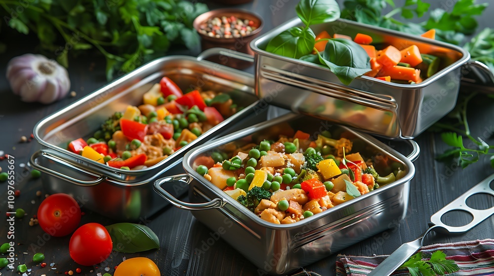 fresh lunch with vegetarian curry in stainless steel dishes fresh lunch with vegetarian curry in stainless steel dishes