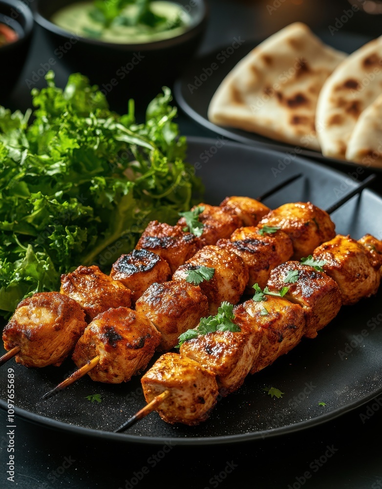 Grilled Chicken Skewers with Fresh Greens and Indian Bread Served on a Black Plate, Perfect Dish for Barbecues and Culinary Photography Grilled Chicken Skewers with Fresh Greens and Indian Bread Served on a Black Plate, Perfect Dish for Barbecues and Culinary Photography