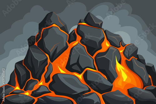 Vector illustration of dark gray volcanic rocks with bright orange lava flowing