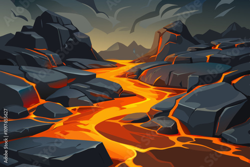 Vector illustration of dark gray volcanic rocks with bright orange lava flowing