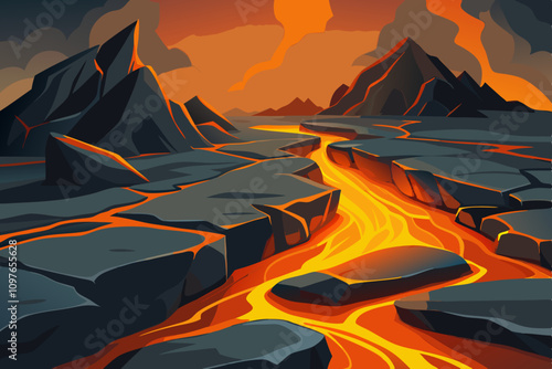 Vector illustration of dark gray volcanic rocks with bright orange lava flowing