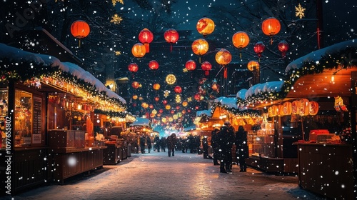 Vibrant Holiday Market Scene with Lanterns