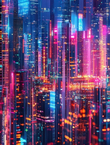 Night city panorama. Colorful landscape, retro neon futuristic cityscape. Beach downtown buildings, abstract urban recent background