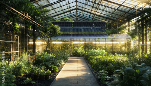 Renewable Energy Market Trends. modern greenhouse filled with lush greenery and solar panels, showcasing sustainable agriculture and innovation. sunlight creates warm, inviting atmosphere