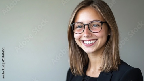 A woman wearing glasses and a black jacket is smiling