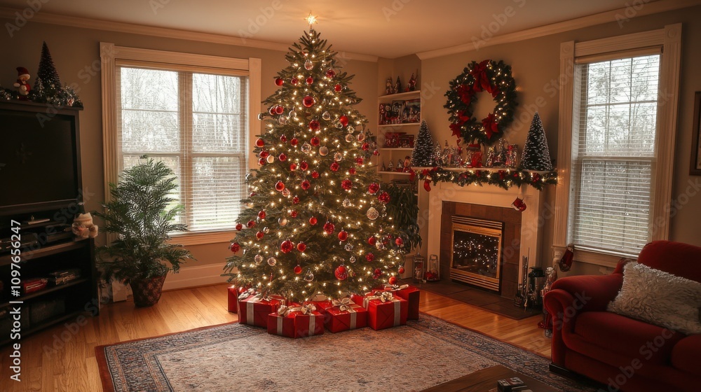 Vibrant Christmas Tree with Red and Silver Ornaments Vibrant Christmas Tree with Red and Silver Ornaments