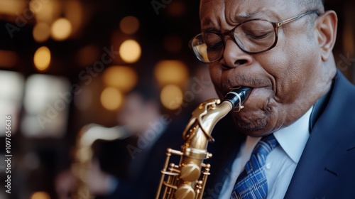 A saxophonist passionately plays in a cozy jazz bar, capturing the soulful ambiance of the dimly lit room. photo