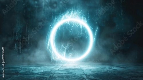 A futuristic digital interface with glowing blue lights and abstract patterns.