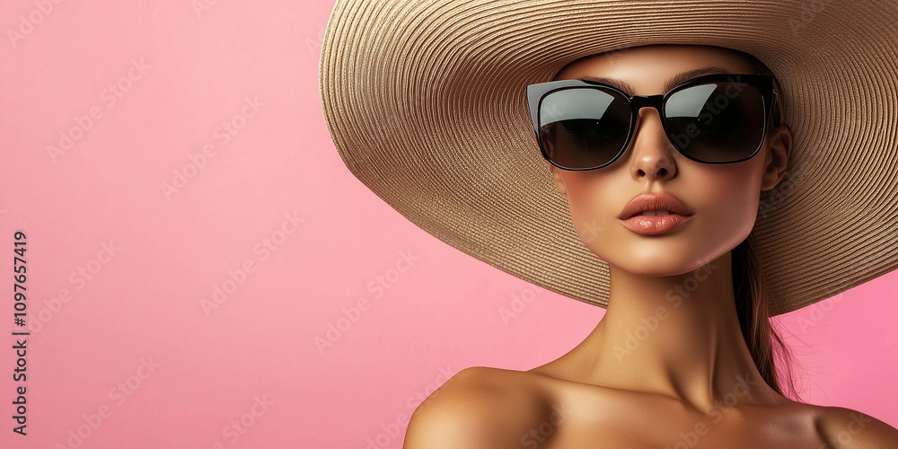 Fototapeta premium A sophisticated woman dons a wide-brimmed sun hat and dark sunglasses, casting shadows against a vivid pink background, exuding style, confidence, and allure.