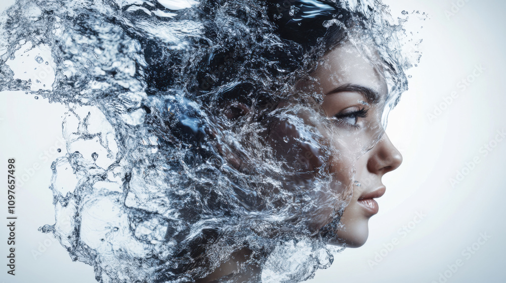 Fototapeta premium A conceptual graphic of a woman and water splash intertwined, blending natural and modern aesthetics seamlessly --ar 16:9 --v 6.1 Job ID: 70d94b62-c0f9-4eb2-8c40-977da953c0a4