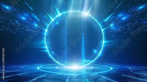A futuristic digital interface with glowing blue lights and abstract patterns.