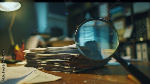 Magnifying glass revealing hidden financial irregularities in a stack of documents, emphasizing secrecy and deception in a dimly lit office setting.