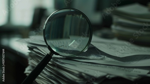 Magnifying glass revealing hidden financial irregularities in a stack of documents, emphasizing secrecy and deception in a dimly lit office setting.