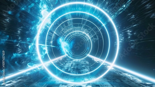 A futuristic digital interface with glowing blue lights and abstract patterns.