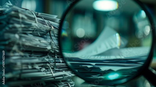 Magnifying glass revealing hidden financial irregularities in a stack of documents, emphasizing secrecy and deception in a dimly lit office setting.