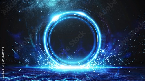 A futuristic digital interface with glowing blue lights and abstract patterns.