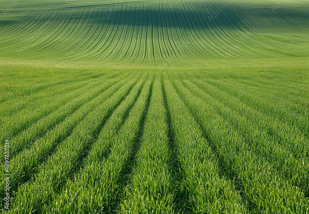 Lush Green Fields with Beautiful Patterns and Shadows Captured Under Clear Blue Sky in Spring Season, Symbolizing Nature's Abundant Growth and Tranquility Lush Green Fields with Beautiful Patterns and Shadows Captured Under Clear Blue Sky in Spring Season, Symbolizing Nature's Abundant Growth and Tranquility