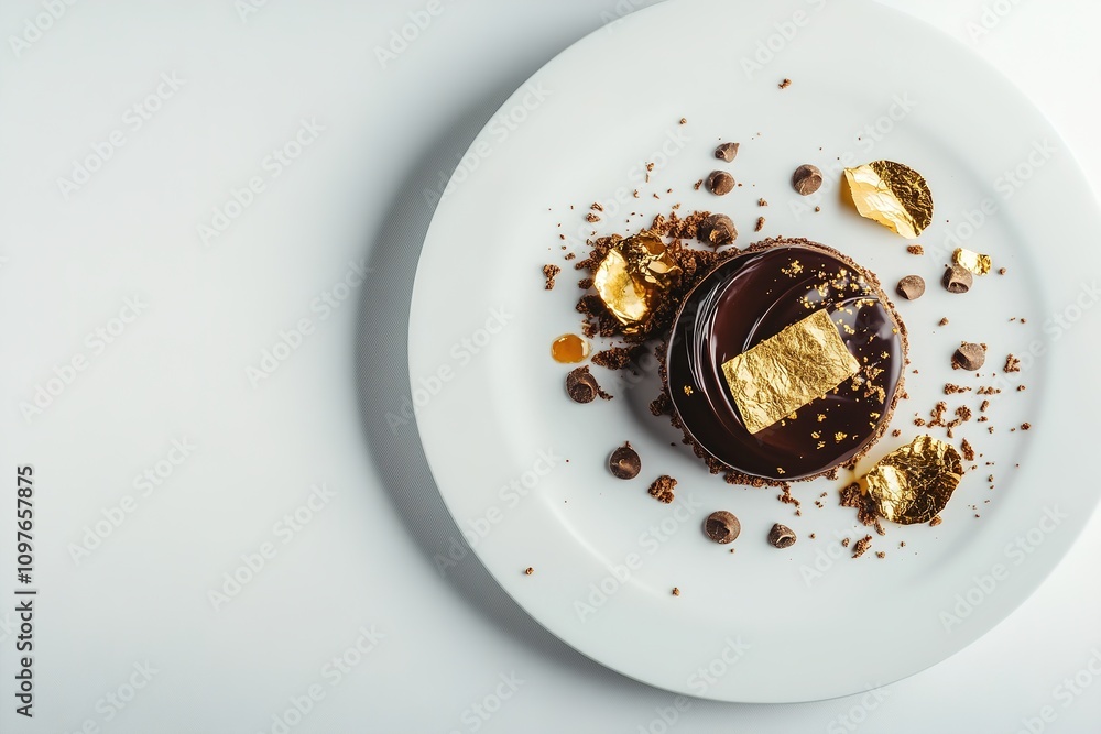Gourmet dessert with gold leaf on white plate Gourmet dessert with gold leaf on white plate