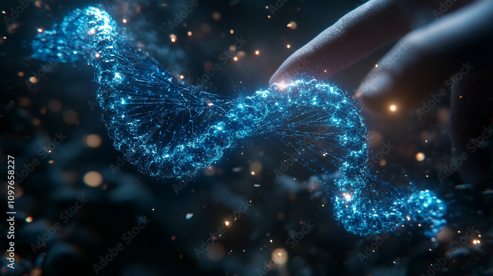glowing digital blue wireframe DNA molecule representation symbolizing scientific advancement, genetics, and the cutting-edge of biotechnology in abstract visual form