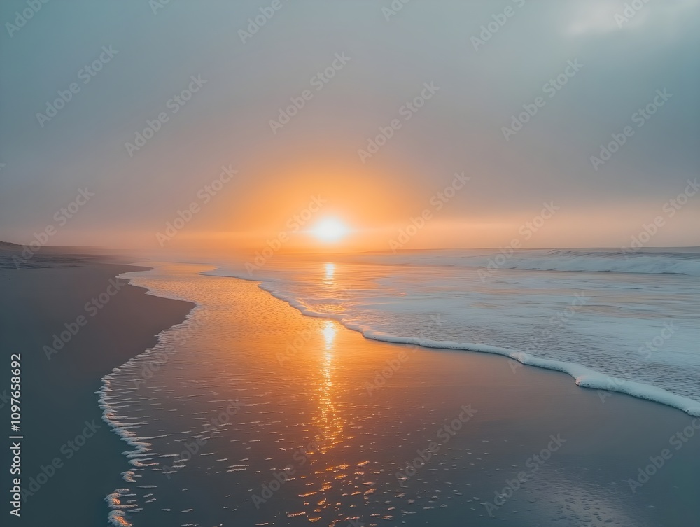 Fototapeta premium Sunrise over an empty beach with the sun reflected in the calm sea and yellow light behind a greyish-blue sky