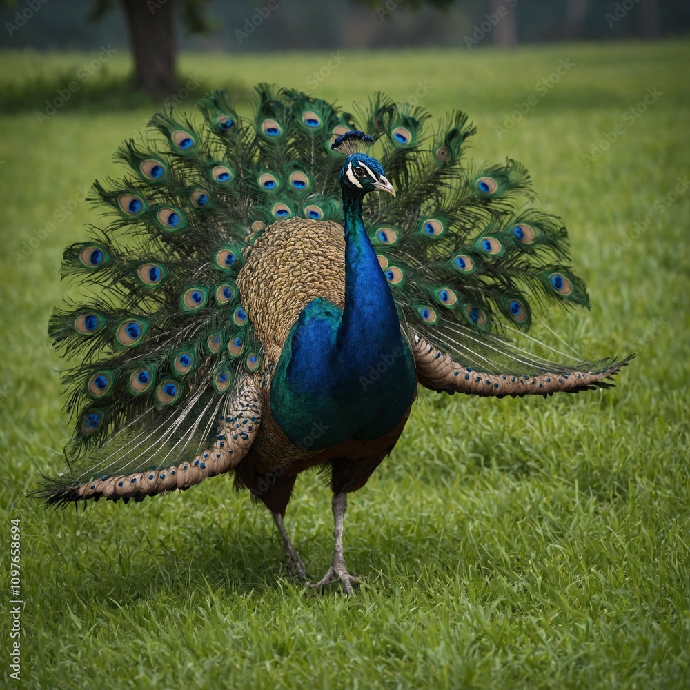 Fototapeta premium A colorful peacock strolling across an emerald-green field.