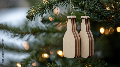 an light-colored plywood ornament beer bottle shaped design in a simple stylewith, hanging from Christmas tree, It is made of solid, in a natural color. The background features clean and neutral tones photo