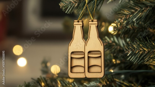 an light-colored plywood ornament beer bottle shaped design in a simple stylewith, hanging from Christmas tree, It is made of solid, in a natural color. The background features clean and neutral tones photo