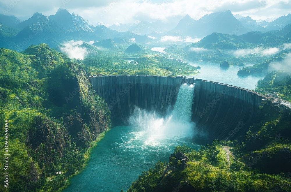 Majestic View of a Stunning Waterfall Cascading Over a Grand Dam Surrounded by Lush Green Mountains and a Serene Lake in a Picturesque Natural Landscape Majestic View of a Stunning Waterfall Cascading Over a Grand Dam Surrounded by Lush Green Mountains and a Serene Lake in a Picturesque Natural Landscape