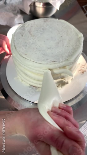 Woman making cake in kitchen, close-up. Female hands close-up. Cake making process. Vertical video