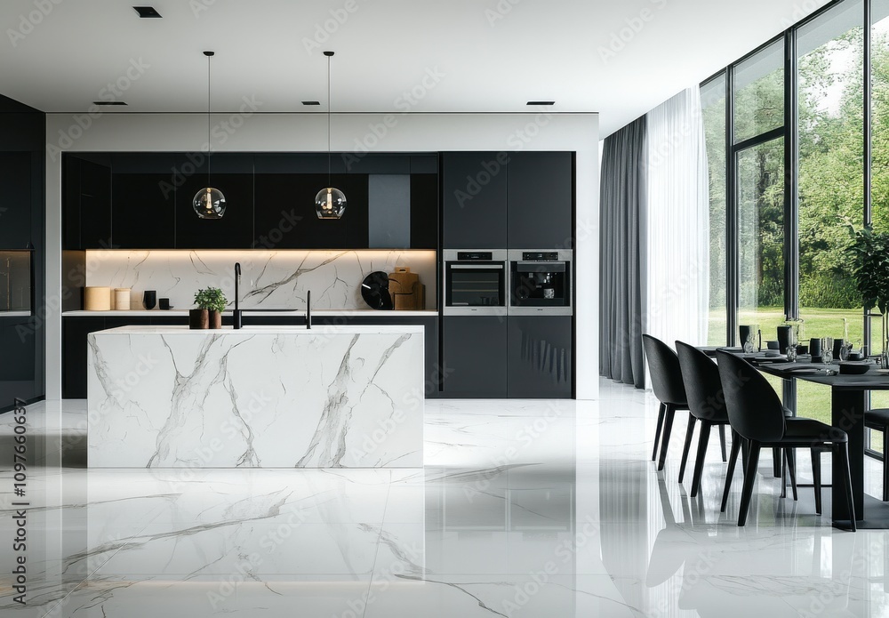 Modern Minimalist Kitchen with Black Cabinets and Marble Island Featuring Open Space and Natural Light in Contemporary Interior Design Modern Minimalist Kitchen with Black Cabinets and Marble Island Featuring Open Space and Natural Light in Contemporary Interior Design