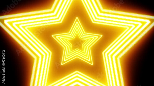 Abstract background with neon stars animation. Golden neon glowing star loop animation 4K.