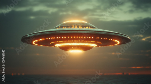 mysterious alien spaceship hovers above a vast ocean, casting an eerie glow as it moves silently across the night sky, evoking feelings of wonder and the unknown 