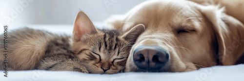 A heartwarming image of a sleeping kitten nestled cozily alongside a dog, their shared nap showcasing the harmony and friendship between different animal species. photo