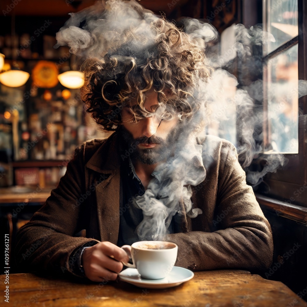 A man with curly hair sits alone at a cafe table, looking thoughtfully into a steaming cup of coffee. The swirling steam creates a dreamlike atmosphere, blending with the warm light of the cozy A man with curly hair sits alone at a cafe table, looking thoughtfully into a steaming cup of coffee. The swirling steam creates a dreamlike atmosphere, blending with the warm light of the cozy