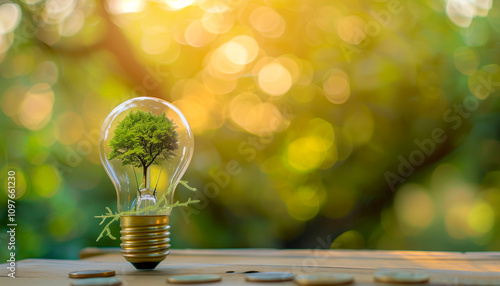 A light bulb with a green tree growing on a stack of coins and energy, symbolizing eco friendly energy and sustainable business growth with a natural sunlight background. photo